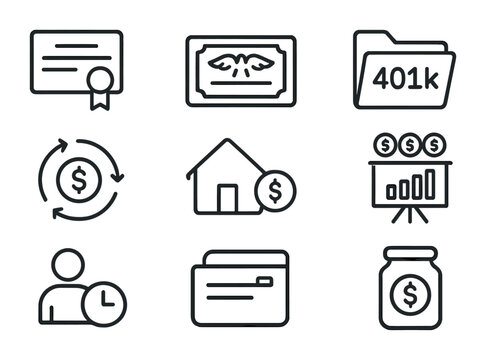 Retirement Income Icons. Outline icon set of retirement income sources: pension icon, social security card,