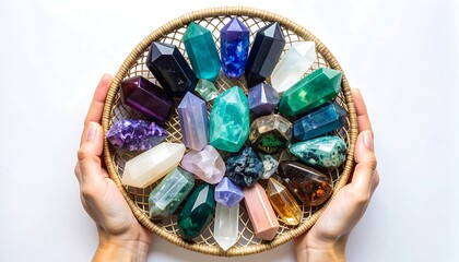 Hands holding a round woven basket filled with various colored gemstones