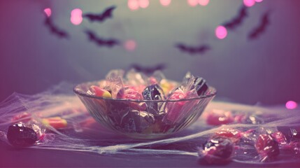 Eerie purple Halloween scene featuring a vintage candy bowl with fake bats and cobwebs