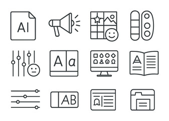 Branding Tools Icon Set. Outline icon set of branding and identity tools: logo AI, slogan creator, mood board,