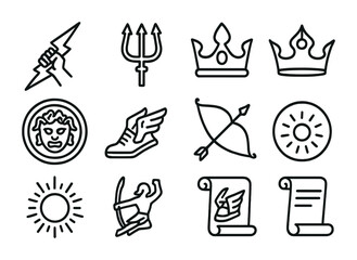 Fototapeta premium Greek Gods Icon Set. Outline icon set of Olympian gods in combat: Zeus icon, trident of Poseidon, Hera’s crown