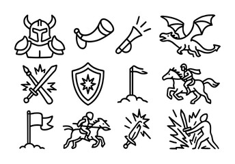 Epic Fantasy Icon Set. Outline icon set of epic fantasy battles: enchanted armor, war horn, flying beast,