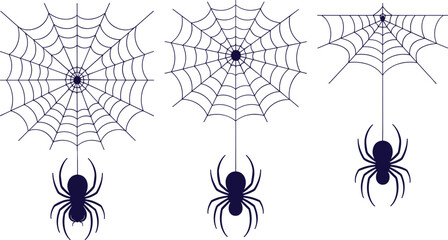 Three spooky halloween decorations featuring dark spiders hanging from elaborate cobwebs against a white background