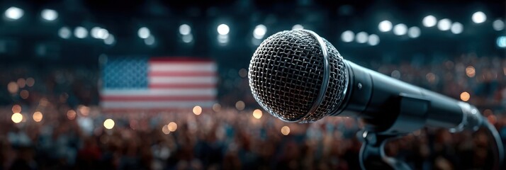 Crowd gathers in support as microphone stands ready for speaker at patriotic event in the evening
