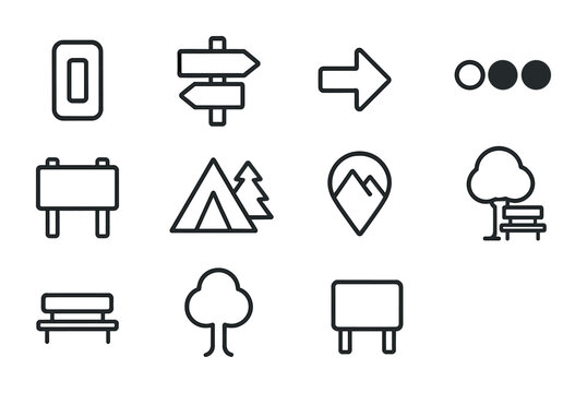 Hiking Trail Icon Set. Outline icon set of hiking trail markers and symbols: trail blaze, distance sign,