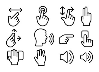 User Interaction Icons. Outline icon set of user interaction: swipe gesture, tap icon, zoom in/out, pinch to