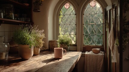 Rustic kitchen with sunlit windows and herbs in a cozy cottage.