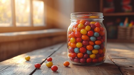Colorful candies in glass jar on wooden table, sunlit room