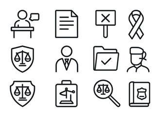 Legal Advocacy Icons. Outline icon set of legal advocacy: courtroom speech, legal brief, protest sign,