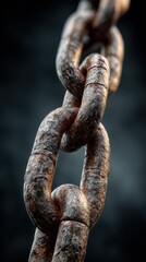 Close-up view of a weathered chain hanging against a dark backdrop showcasing details of rust and texture