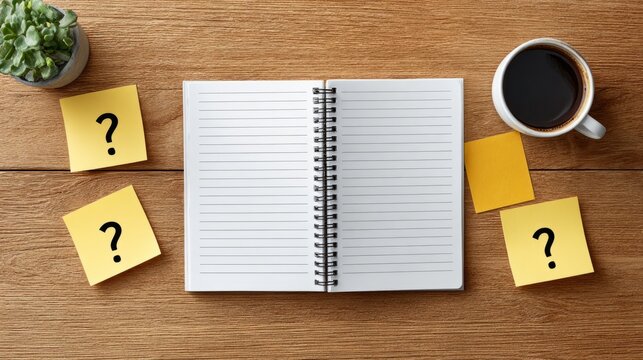 Question mark on notepad with sticky notes and coffee on wooden table top. Concept of brainstorming or planning. workspace productivity concept