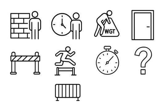 Career Challenge Icons. Outline icon set of career advancement challenges: obstacle wall, clock pressure,