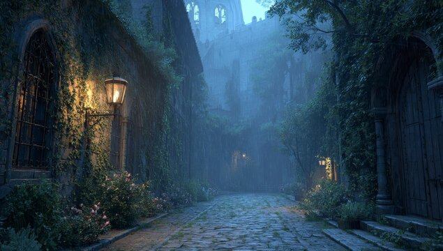 Misty, overgrown alleyway with ancient stone buildings