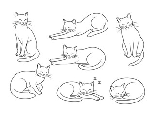 Cats at Ease: A minimalist monochrome illustration of graceful cats in various relaxed poses. Featuring cats in various positions, capturing their quiet and serene essence.