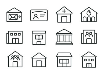 Public Services Icons. Outline icon set of public services: postal office, social security card, health