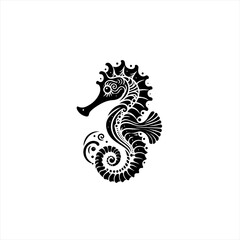 Ornate black seahorse silhouette with swirling tail
