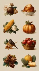 Colorful autumn bounty with various fruits, vegetables, and wildlife in a rustic composition showcasing fall harvest