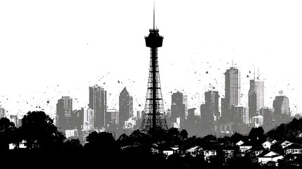 Obraz premium Black and White Cityscape with Tower and Splatter Effect
