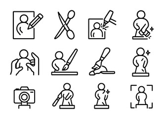 Art Process Icons. Outline icon set of art creation process: sketch, cutting, welding, polishing, assembling,