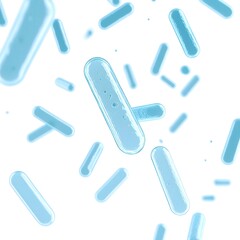 A detailed 3D rendering of blue rod-shaped bacteria floating on a clean white background, a scientific illustration of microscopic bacilli organisms