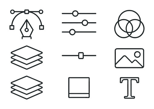 Graphic Design Icon Set. Outline icon set of graphic design layers: vector paths, adjustment layers, mask icon