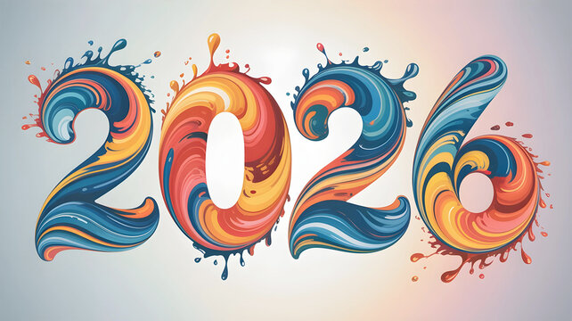 A colorful "2026" is depicted in a swirling, abstract liquid or paint style with splashes, celebrating the New Year with a dynamic and creative flair