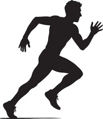 A silhouette of runner mid-stride, energetic motion, clean black on white