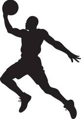 A silhouette of basketball player dunking, dramatic motion, clean black shape
