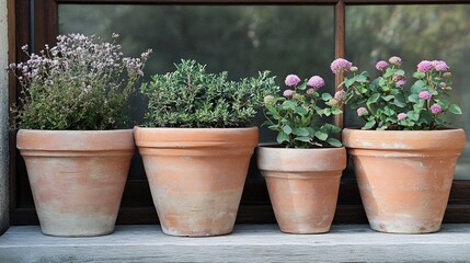 Fototapeta premium Terracotta Pots with Blooming Herbs and Flowers on a Window Sill