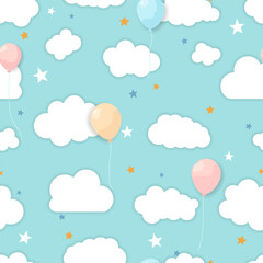 Seamless Pattern with White Clouds, Colorful Balloons, and Stars on Blue Sky Background