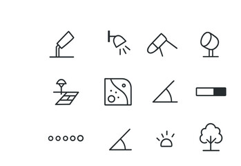 Landscape Lighting Icons. Outline vector icons of landscape lighting design: uplight, downlight, accent beam,