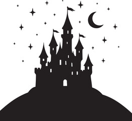 A silhouette of a castle on hilltop with flags, magical setting, black on white