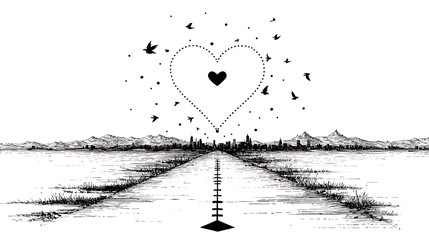 Black and White Landscape with Birds Heart and Cityscape Illustration