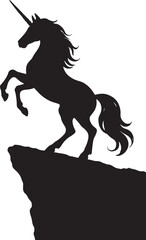 A silhouette of a unicorn standing on cliff, magical animal, black on white