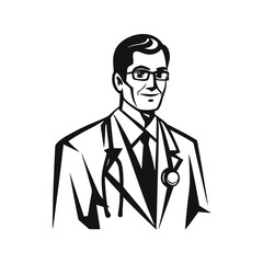 Monochrome Illustration of a Professional Doctor with Stethoscope and Glasses Vector Design