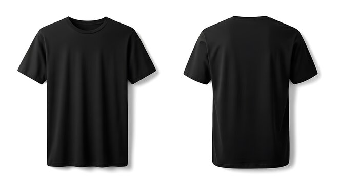 Front and back view of a black tshirt isolated on a white background