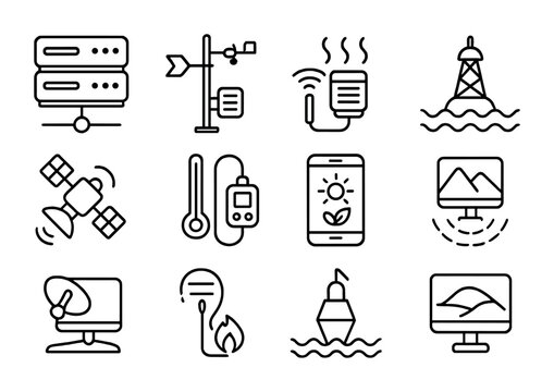 Environmental Data Icon Grid. Outline vector icons of environmental data collection: data hub, weather station