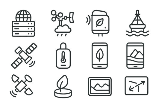 Environmental Data Icon Grid. Outline vector icons of environmental data collection: data hub, weather station