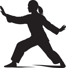 A silhouette of person doing tai chi move, flowing form, black on white