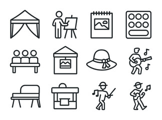 Outdoor Art Festival Icons. Outline vector icons of outdoor art festivals: open tent, plein air artist,