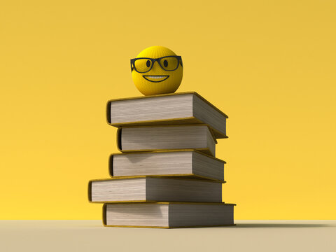 Smiling nerd emoji with glasses on stack of books 3d rendering