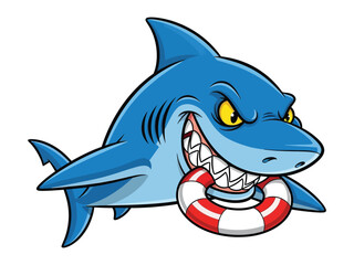 Obraz premium Menacing Shark with Ring: An intimidating animated shark, complete with sharp teeth and glaring eyes, playfully holds a life ring, a juxtaposition of danger and safety, perfect for storytelling.