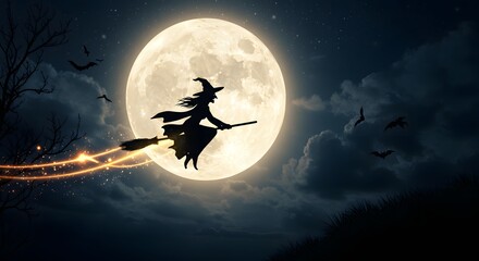 Halloween Witch Silhouette Flying on Broomstick Against Full Moon with Sparkling Magic Trail at Night