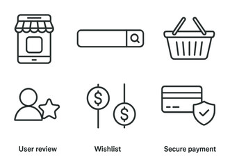 Online Shopping Icons. Outline vector icons of online shopping platforms: mobile app, search bar, wishlist,