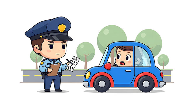 Cartoon illustration of a traffic stop with a cute police officer and a driver