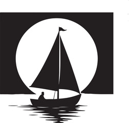 A silhouette of boat sailing under moon, peaceful voyage, black on white