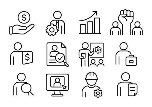 Labor Market Icons. Outline vector icons of labor market policy: minimum wage, job creation icon, employment
