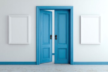 Open blue door, white frames