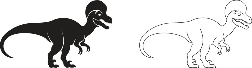 Dinosaur icon set, black vector collection of prehistoric reptile group in flat and line style T-Rex raptor cartoon dino ancient animal silhouette and outline fossil isolated on transparent background © WaQar