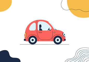 Fototapeta premium Cute red car driving through abstract shapes with wavy lines
